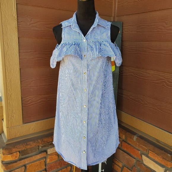 MICHAEL KORS Blue & White Pinstripe Cold Shoulder Mini Dress Women's Size 4 NWOT - Picture 11 of 15